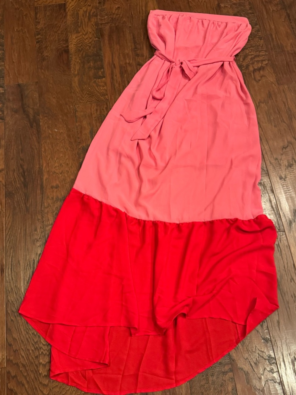 Pink Lily Strapless Colorblock Maxi Dress in Coral Pink and Bright Red